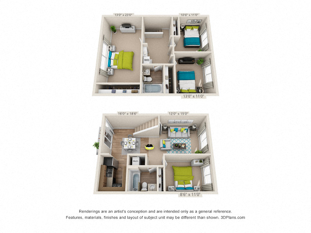 Floor plan for 4 beds, 2 baths, 1260 sqft